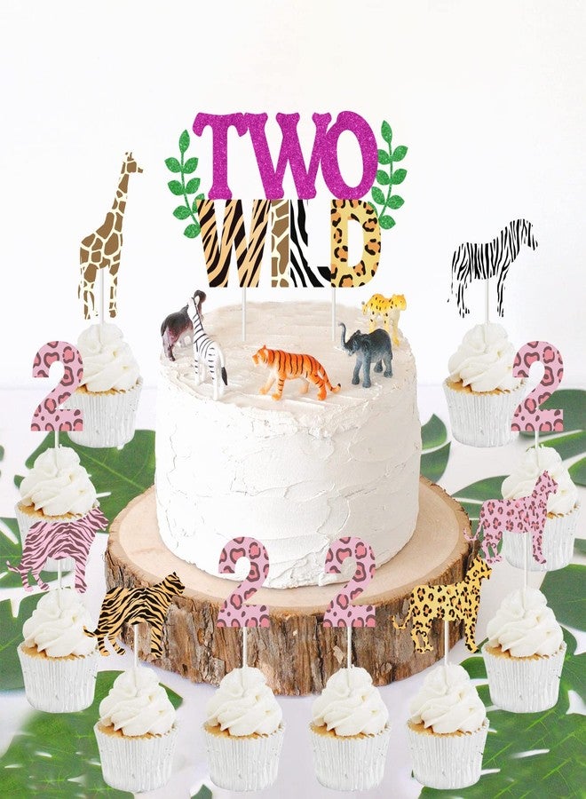 Funmemoir Two Wild Birthday Decorations for Girl - Two Wild Cake Topper, Animal Print Cupcake Toppers, 31 Pcs Jungle Safari Animal 2nd Birthday Party Cake Decorations - Image 2